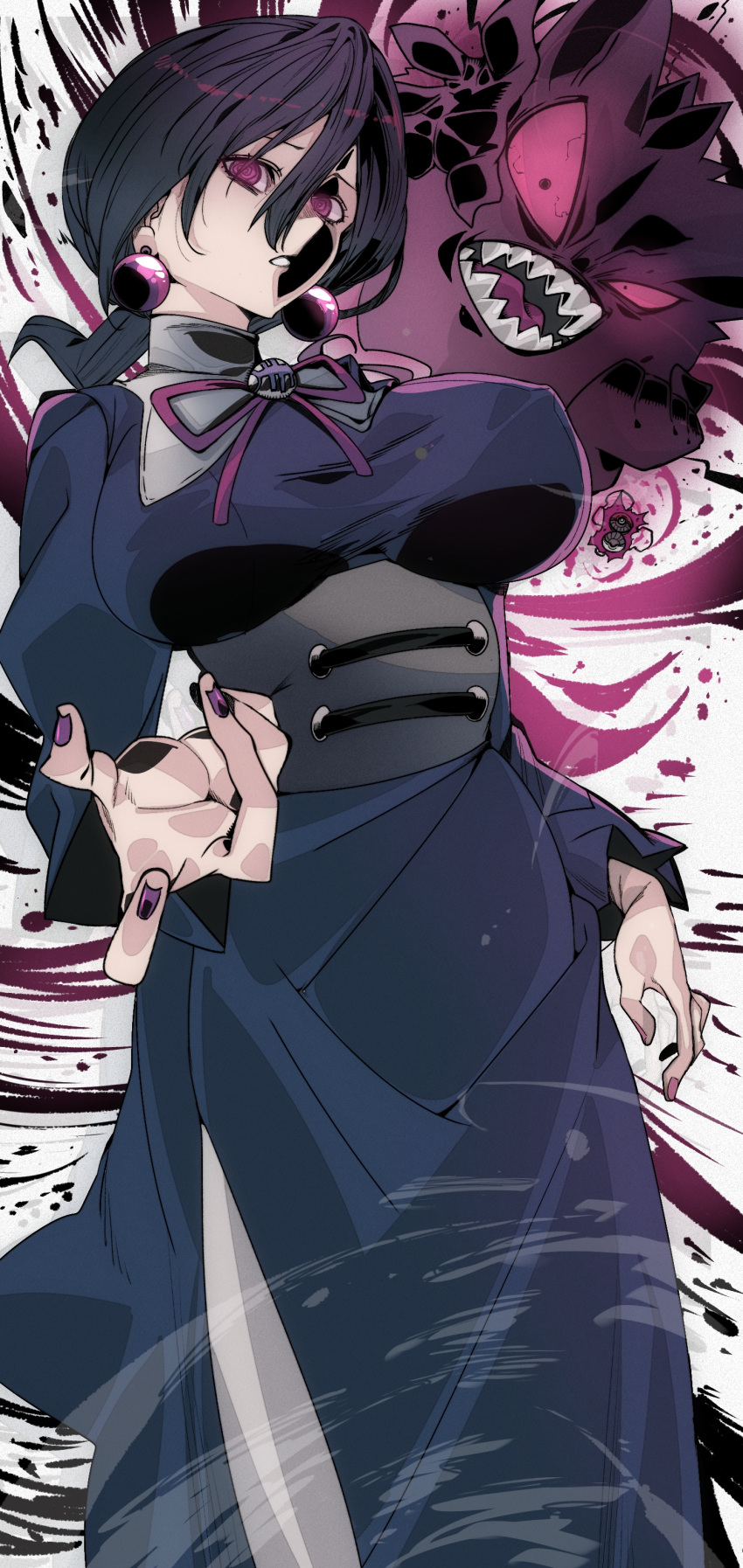 1girl, @_@, absurdres, alternate_breast_size_(larger), aura, bags_under_eyes, black_corset, breasts