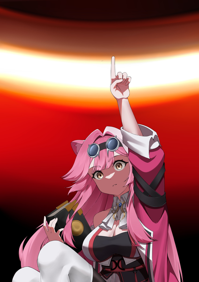 1girl, absurdres, animal_ears, black_shirt, cat_ears, cat_girl, closed_mouth, goggles