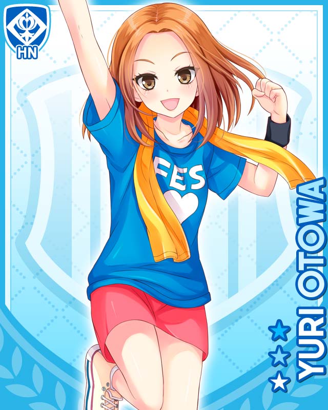 1girl, :d, arm_up, blue_background, blue_shirt, brown_eyes, brown_hair, card_(medium)