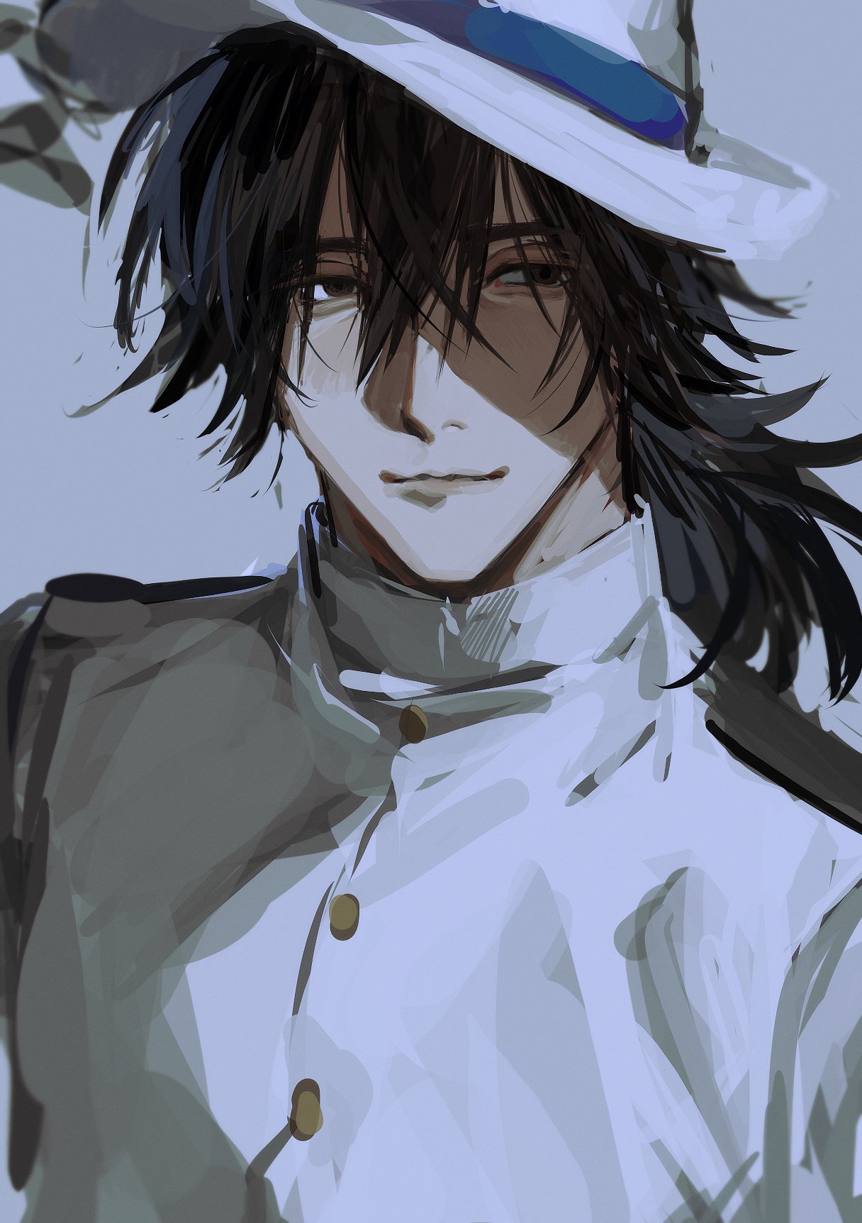1boy, black_eyes, black_hair, commentary_request, fate/grand_order, fate_(series), hair_between_eyes, hat