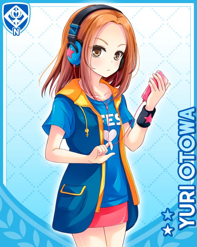 1girl, blue_background, blue_hoodie, blue_shirt, brown_eyes, brown_hair, card_(medium), character_name