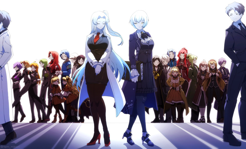6+boys, 6+girls, :d, ahoge, angela_(project_moon), armband, artist_name, ascot