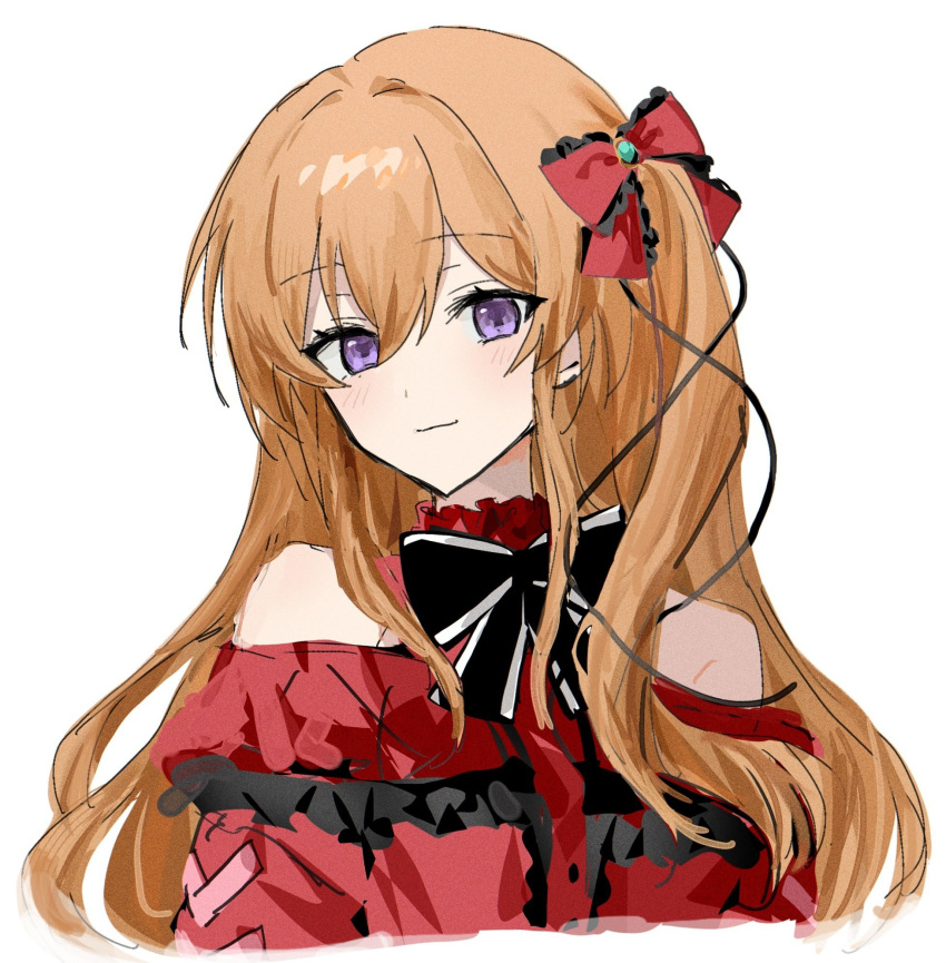 1girl, bare_shoulders, black_frills, blush, bow, breasts, chaos;child, closed_mouth