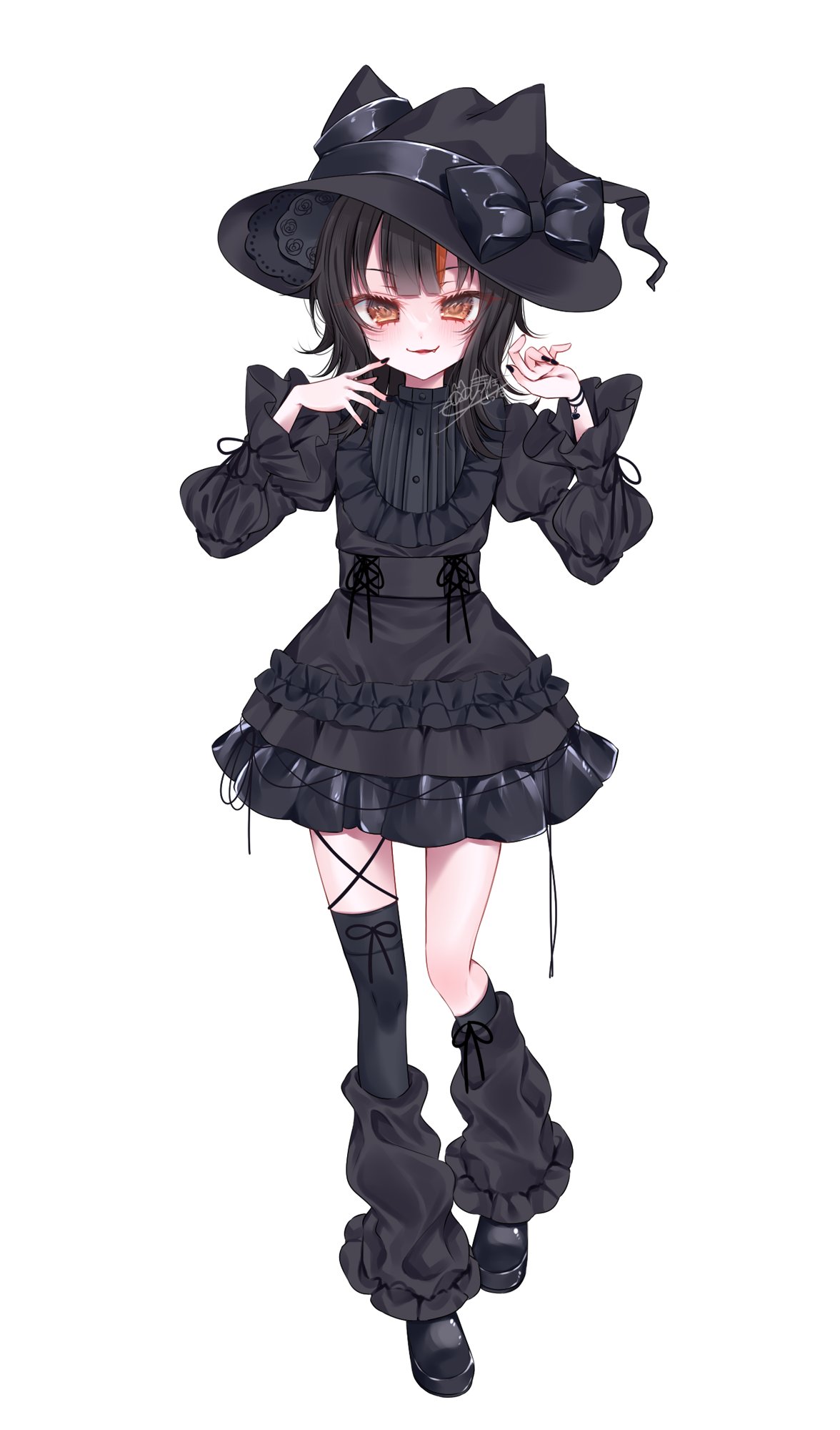 1girl, alternate_costume, animal_ears, asymmetrical_legwear, black_dress, black_hair, black_leg_warmers, black_nails