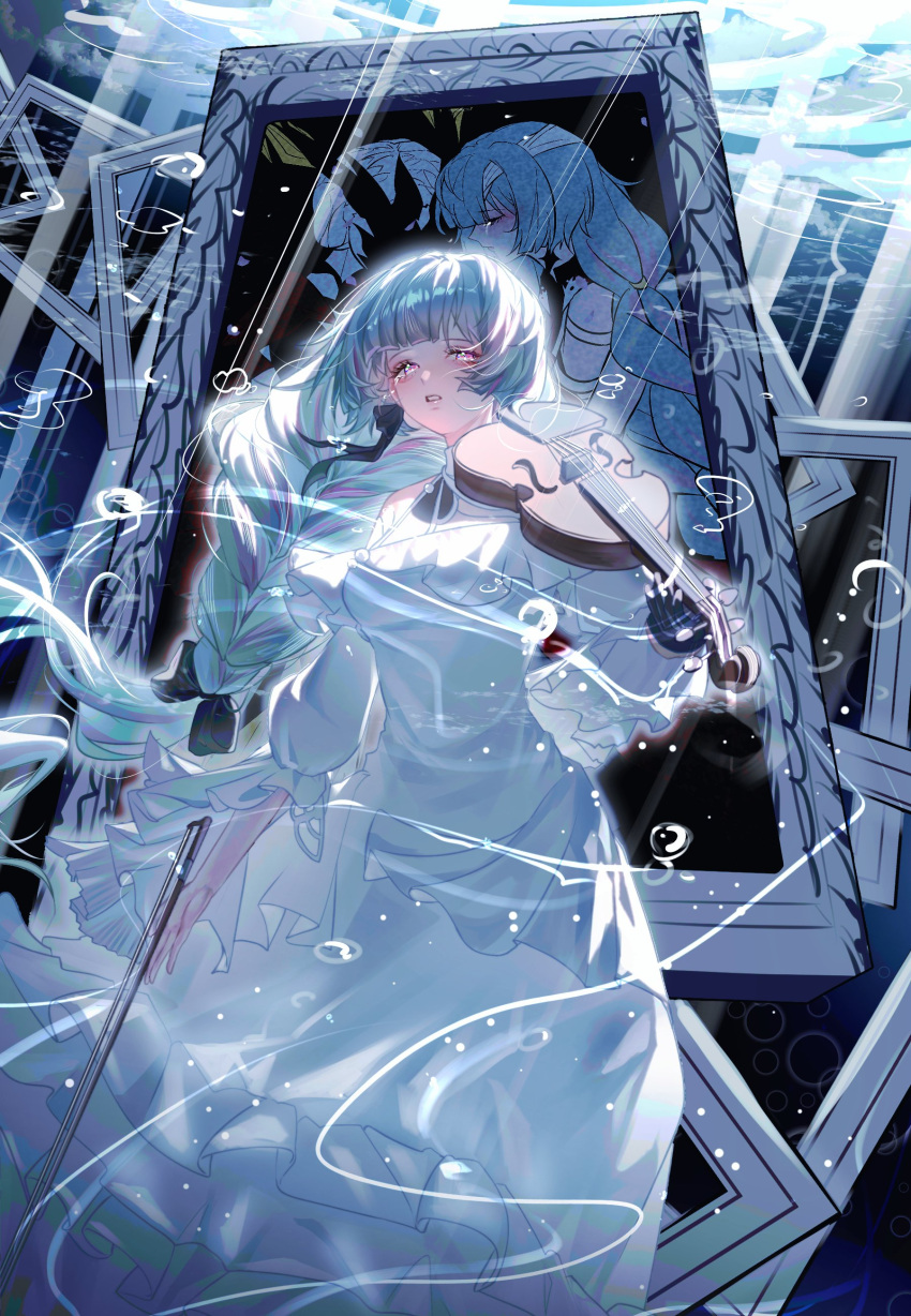 absurdres, asymmetrical_gloves, bare_shoulders, black_gloves, black_ribbon, bow_(music), braid, bubble, dress, gloves, hair_ribbon, highres, holding, holding_bow_(music), holding_instrument, holding_violin, hongse_guang, instrument, long_dress, long_hair, looking_to_the_side, multicolored_hair, official_alternate_costume, phrolova_(wuthering_waves), picture_frame, ribbon, streaked_hair, tears, underwater, violet_eyes, violin, white_dress, wuthering_waves
