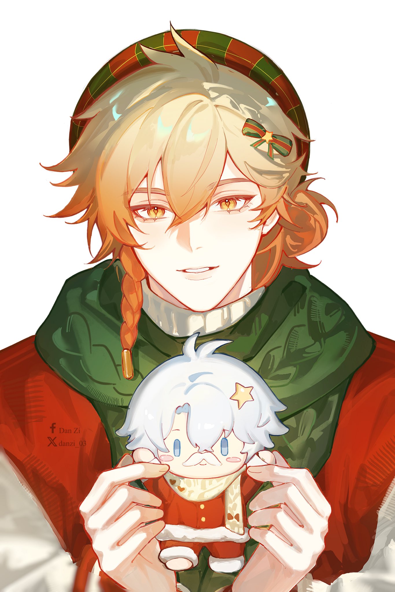 1boy, blonde_hair, braid, character_doll, christmas, commentary, danzi_03, doll, english_commentary, facebook_username, facial_tattoo, gradient_hair, green_scarf, hat, highres, honkai:_star_rail, honkai_(series), looking_at_viewer, male_focus, medium_hair, multicolored_hair, mydei_(honkai:_star_rail), phainon_(honkai:_star_rail), red_hair, red_tattoo, red_vest, scarf, side_braid, simple_background, solo, sweater, tattoo, turtleneck, turtleneck_sweater, twitter_username, vest, white_background, white_sweater, yellow_eyes