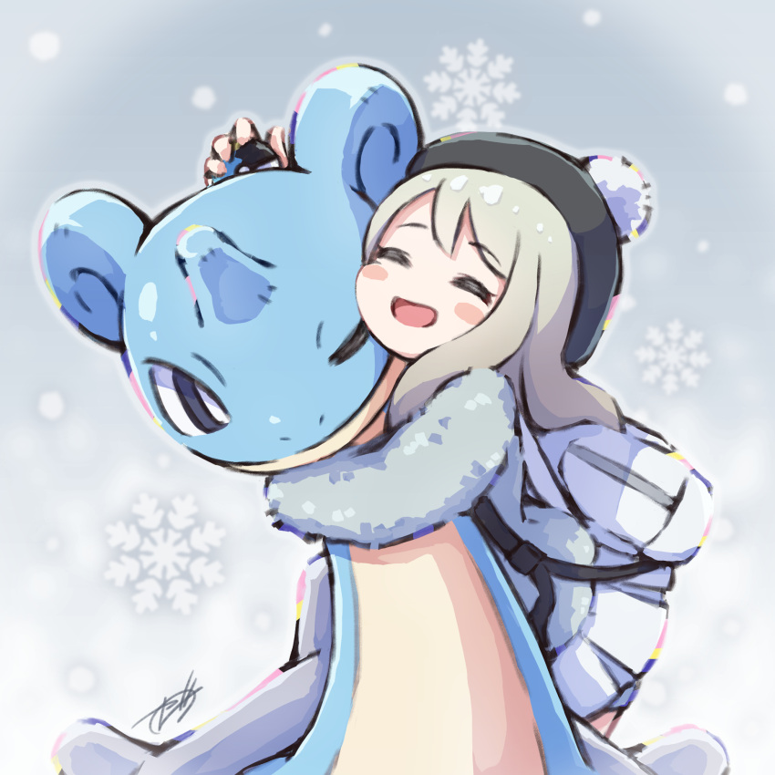 1girl, alternate_hair_color, alternate_hairstyle, black_hat, blush_stickers, closed_eyes, commentary_request, fur_jacket