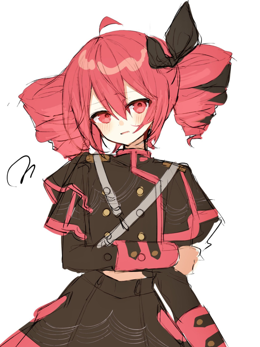 1girl, ahoge, alternate_color, belt, black_bow, black_jacket, black_ribbon, black_skirt, bow, buttons, double-breasted, double-parted_bangs, drill_hair, grey_belt, hair_between_eyes, hair_bow, hair_ribbon, highres, jacket, kasane_teto, kasane_teto_(sv), layered_sleeves, long_sleeves, mayoi_reu, midriff, open_mouth, red_eyes, red_hair, red_trim, ribbon, short_over_long_sleeves, short_sleeves, shoulder_belt, skirt, skirt_set, sleeve_cuffs, synthesizer_v, twin_drills, twintails, utau, white_background