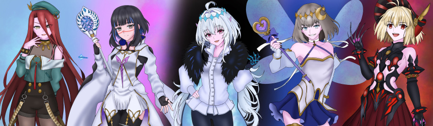 1boy, 4girls, absurdres, ahoge, arcueid_brunestud, armor, armored_dress, arms_at_sides, bare_shoulders, black_armor, black_dress, black_eyes, black_hair, black_hat, black_pants, black_thighhighs, blonde_hair, blue_eyes, bonnet, breasts, bug, cape, clawed_feet, collared_shirt, cosplay, costume_switch, crossdressing, crossdressing_(ftm), crossdressing_(mtf), crown, dress, fairy_wings, fate/grand_order, fate_(series), faulds, gauntlets, green_hat, green_jacket, grey_hair, hair_between_eyes, hair_intakes, hair_over_one_eye, hat, high_collar, highres, holding, holding_staff, holding_wand, insect_wings, jacket, lady_avalon_(fate), lady_avalon_(first_ascension)_(fate), long_hair, long_sleeves, merlin_(fate/prototype), merlin_(fate/prototype)_(cosplay), multiple_girls, oberon_(fate), oberon_(fate)_(cosplay), oberon_(third_ascension)_(fate), pants, phantas-moon, phantas-moon_(cosplay), phantasm_rod, red_eyes, red_hair, shirt, short_hair, short_shorts, shorts, staff, tenochtitlan_(fate), tenochtitlan_(fate)_(cosplay), thigh-highs, typhon_ephemeros_(fate), typhon_ephemeros_(fate)_(cosplay), wand, wings
