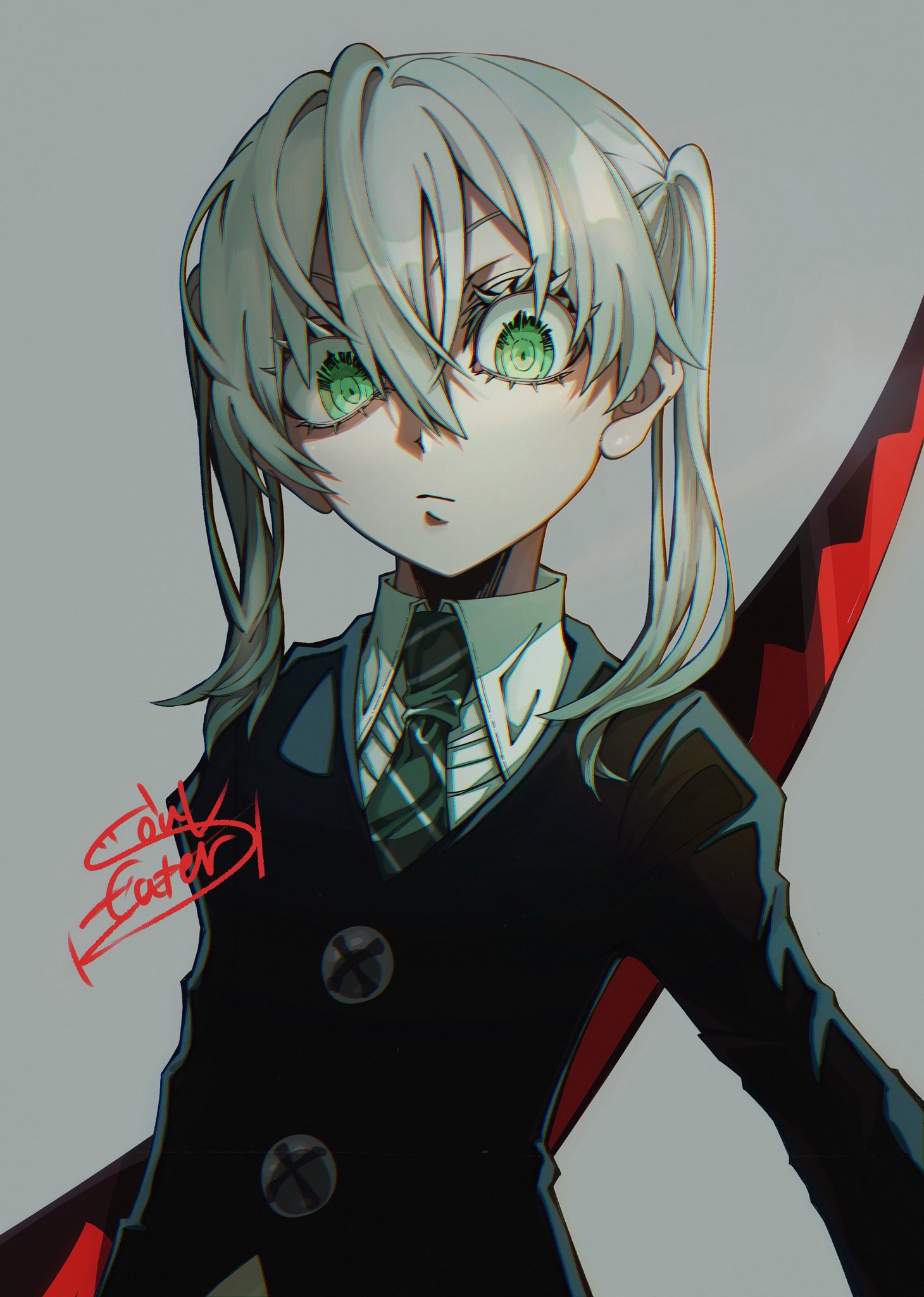 1girl, blonde_hair, copyright_name, green_eyes, green_necktie, hasda, highres, holding