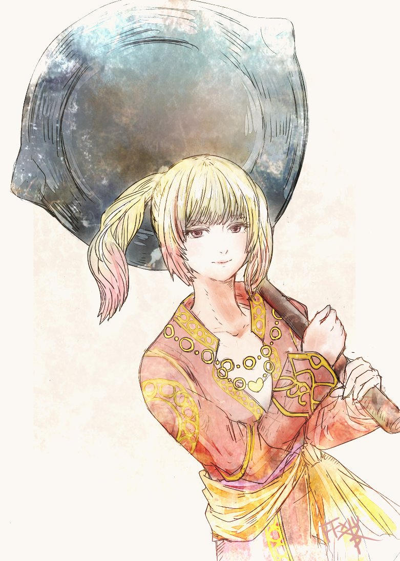 1girl, blonde_hair, closed_mouth, collarbone, copyright_name, final_fantasy, final_fantasy_xiv, frying_pan