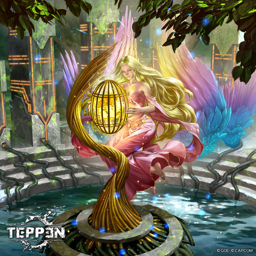 1girl, architecture, bare_shoulders, barefoot, belly_chain, blonde_hair, bloom, breasts, capcom, character_request, closed_mouth, copyright_logo, copyright_name, copyright_notice, dress, feet_up_heels_up, floating, floating_clothes, floating_hair, floating_object, fountain, full_body, globe, hagoromo, highres, jewelry, knees_up, light_particles, logo, long_dress, long_hair, looking_at_object, medium_breasts, midair, moss, official_art, pink_dress, red_eyes, science_fiction, shawl, smile, stairs, teppen, very_long_hair, water, yu_cheng_hong