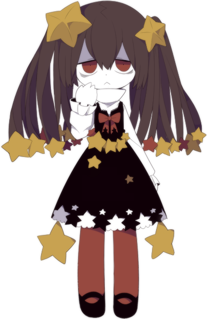 1girl, bags_under_eyes, black_dress, black_shoes, bow, brown_hair, colored_skin, dress, funamusea, funamusea_(artist), hair_ornament, long_hair, long_sleeves, looking_at_viewer, official_art, oounabara_to_wadanohara, red_eyes, shirt, shoes, solo, star_(symbol), star_hair_ornament, stella_(funamusea), turtleneck, twintails, white_background, white_shirt