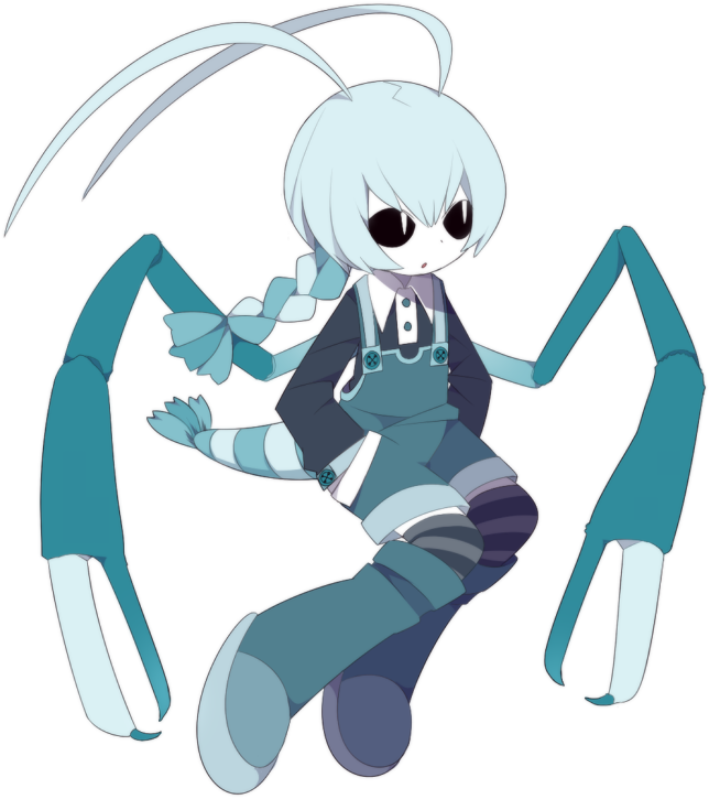 1girl, antenna_hair, aom_(funamusea), arthropod_girl, arthropod_limbs, arthropod_tail, black_sclera, blue_hair, boots, bright_pupils, colored_sclera, colored_skin, funamusea, funamusea_(artist), long_hair, long_sleeves, official_art, oounabara_to_wadanohara, open_mouth, shirt, shoes, slit_pupils, solo, tail, thigh-highs, white_background, white_pupils