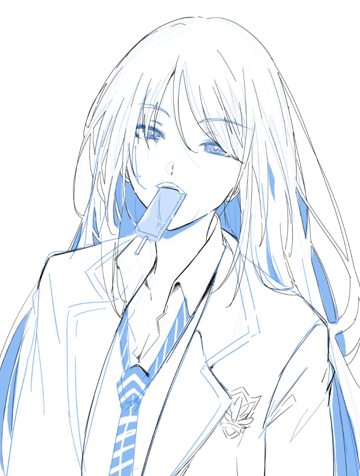 1girl, aoi_sena, bibi_(coffe), blue_eyes, chaos;head, collared_shirt, dripping, fang