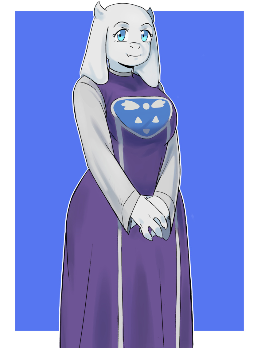 1girl, 2021, 2d, animal_ears, anthro, aqua_eyes, blue_background, border, breasts, cowboy_shot, delta_rune_(symbol), delta_rune_print, digital_media, droopy_ears, fangs, felpmatheus, female, female_only, floppy_ears, furry, furry_female, goat, goat_ears, goat_girl, goat_horns, highres, horns, long_sleeves, looking_at_viewer, mammal, monster, monster_girl, outline, own_hands_together, purple_robe, robe, simple_background, solo, standing, tareme, toriel, two-tone_background, undertale, utdr_(toby_fox), white_background, white_border, white_fur, white_horns, white_outline