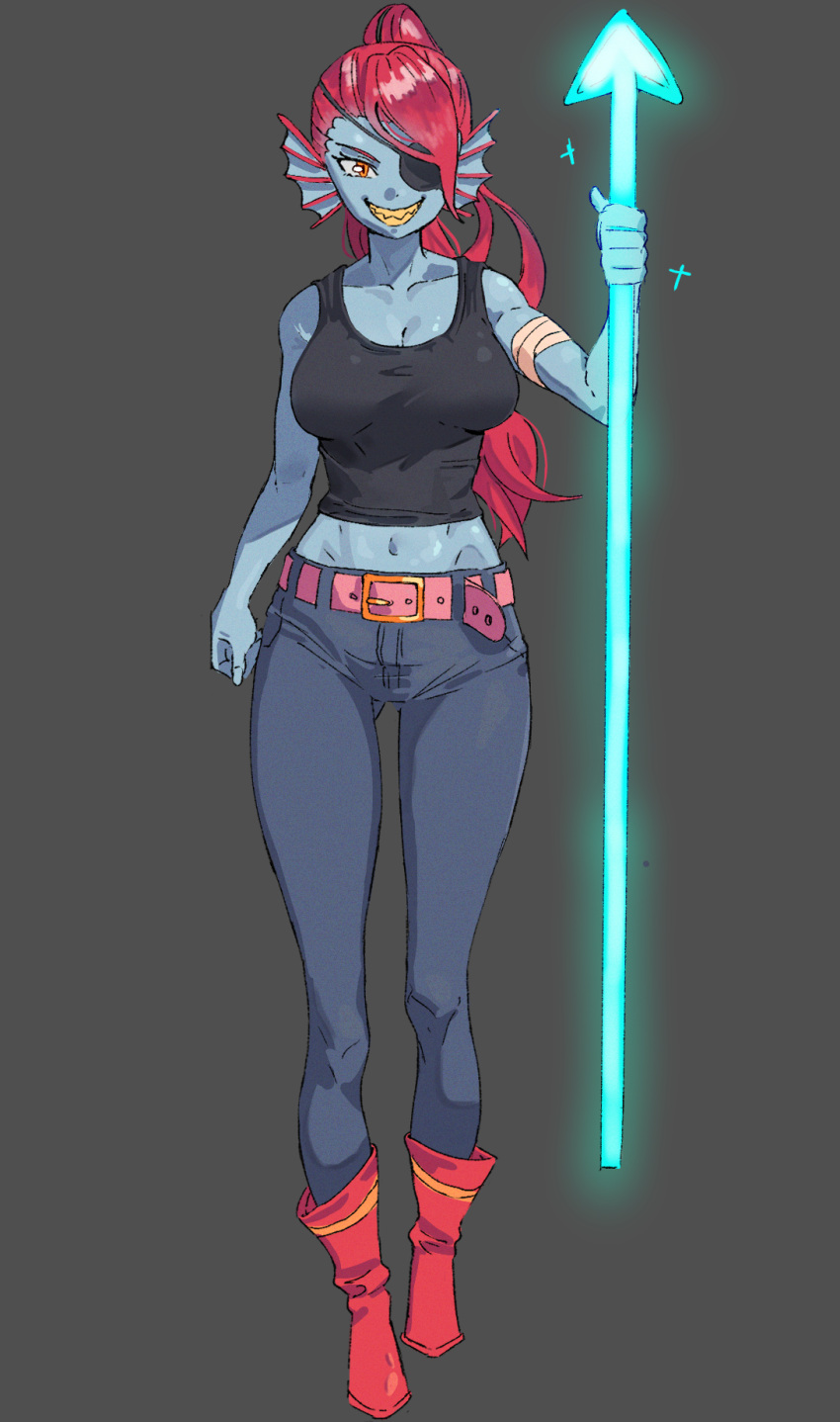 1girl, 2022, 2d, anthro, bandaged_arm, bandages, belt, black_eyepatch, black_tank_top, blue_pants, blue_skin, boots, breasts, colored_skin, digital_media, ear_fins, eyepatch, felpmatheus, female, female_only, fins, fish, fish_girl, full_body, glowing, glowing_weapon, grey_background, grin, head_fins, high_ponytail, holding, holding_polearm, holding_spear, holding_weapon, long_hair, looking_at_viewer, midriff, monster, monster_girl, navel, pants, polearm, ponytail, red_belt, red_boots, red_eyes, red_hair, sharp_teeth, simple_background, slit_pupils, smile, solo, spear, standing, tank_top, teeth, tsurime, undertale, undyne, utdr_(toby_fox), weapon, yellow_teeth