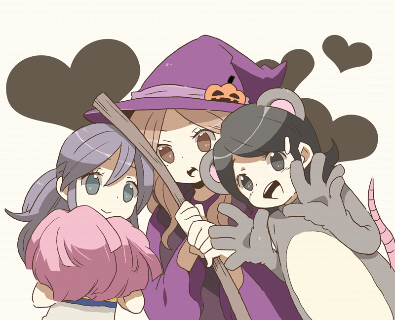bad_id, blue_eyes, broom, brown_eyes, brown_hair, cheerleader, costume, hat