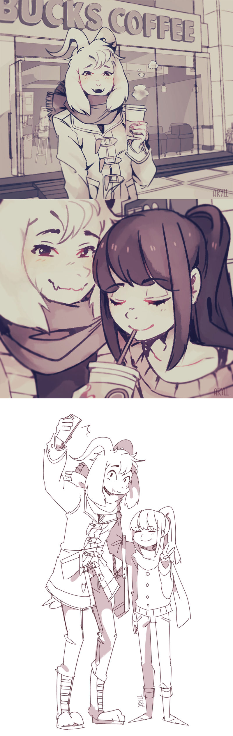 1boy, 1other, 2016, 2d, aged_up, ambiguous_gender, animal_ears, anthro, artist_name, aryll_(marbles), asriel_dreemurr, black_pants, body_fur, brown_hair, cellphone, close-up, closed_mouth, coat, coffee, coffee_shop, commentary, cup, digital_media, drink, drinking, drinking_straw, droopy_ears, duo, english_commentary, fangs, floppy_ears, frisk_(undertale), full_body, furry, furry_male, goat, goat_boy, goat_ears, goat_horns, goat_tail, height_difference, high_ponytail, holding, holding_cellphone, holding_cup, holding_drink, holding_phone, horns, human, long_hair, looking_at_viewer, male, mammal, monochrome, monster, monster_boy, open_mouth, outdoors, pants, phone, ponytail, portrait, scarf, selfie, sepia, simple_background, skin_fangs, smartphone, standing, starbucks, stitched, sweater, tail, tail_tuft, taking_picture, tall_image, undertale, upper_body, utdr_(toby_fox), white_background, white_fur, white_horns, winter_clothes