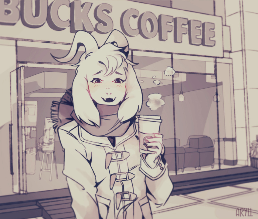1boy, 2016, 2d, aged_up, animal_ears, anthro, artist_name, aryll_(marbles), asriel_dreemurr, body_fur, coat, coffee, coffee_shop, commentary, cup, digital_media, drink, droopy_ears, english_commentary, fangs, floppy_ears, furry, furry_male, goat, goat_boy, goat_ears, goat_horns, holding, holding_cup, holding_drink, horns, looking_at_viewer, male, male_focus, male_only, mammal, monochrome, monster, monster_boy, open_mouth, outdoors, scarf, sepia, skin_fangs, solo, standing, starbucks, undertale, upper_body, utdr_(toby_fox), white_fur, white_horns, winter_clothes