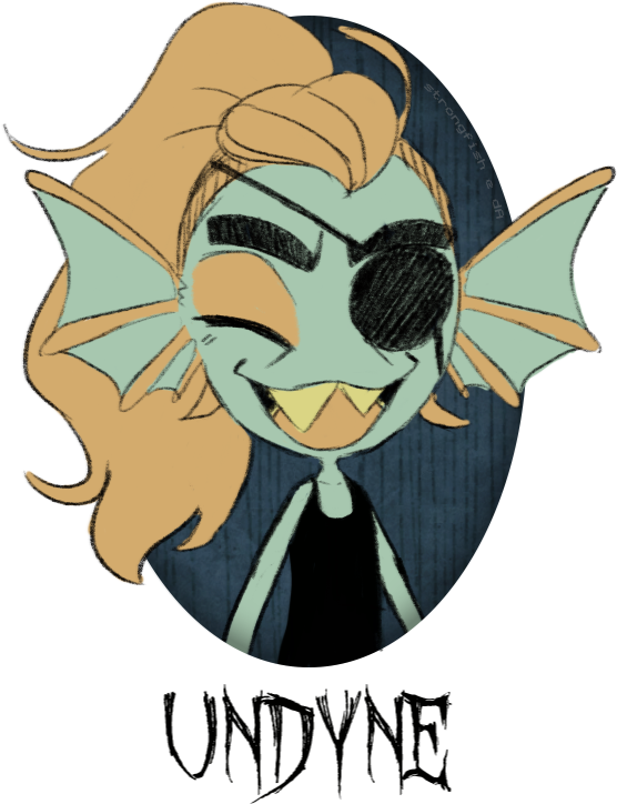 1girl, 2016, 2d, anthro, artist_name, black_eyepatch, black_tank_top, blue_skin, character_name, chibi, chibi_only, closed_eyes, colored_skin, colored_teeth, commentary, digital_media, don't_starve, ear_fins, english_commentary, eyepatch, female, female_only, fins, fish, fish_girl, head_fins, high_ponytail, long_hair, monster, monster_girl, open_mouth, parody, ponytail, red_hair, sharp_teeth, simple_background, smile, solo, strongfish_(artist), style_parody, tank_top, teeth, text, transparent_background, undertale, undyne, utdr_(toby_fox), yellow_teeth