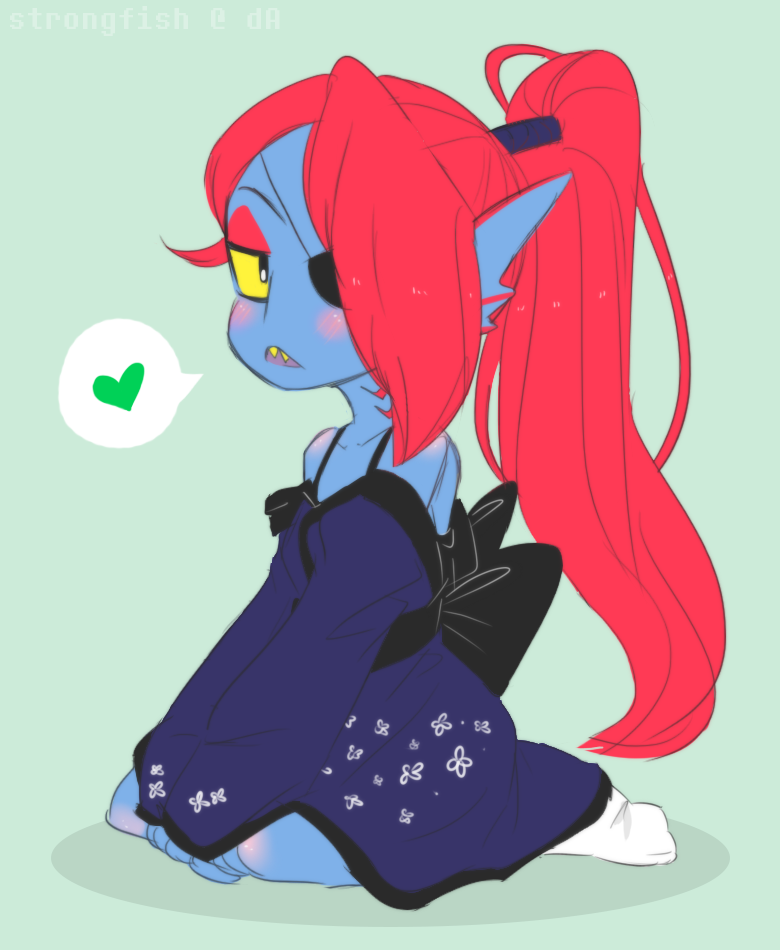 1girl, 2017, 2d, alternate_costume, anthro, artist_name, black_eyepatch, blue_dress, blue_kimono, blue_skin, colored_sclera, colored_skin, commentary, digital_media, dress, ear_fins, english_commentary, eyepatch, female, female_only, fins, fish, fish_girl, green_background, head_fins, heart, high_ponytail, kimono, kimono_dress, kneeling, long_hair, monster, monster_girl, ponytail, red_hair, sharp_teeth, simple_background, slit_pupils, socks, solo, spoken_heart, strongfish_(artist), teeth, undertale, undyne, utdr_(toby_fox), white_socks, yellow_sclera, yellow_teeth
