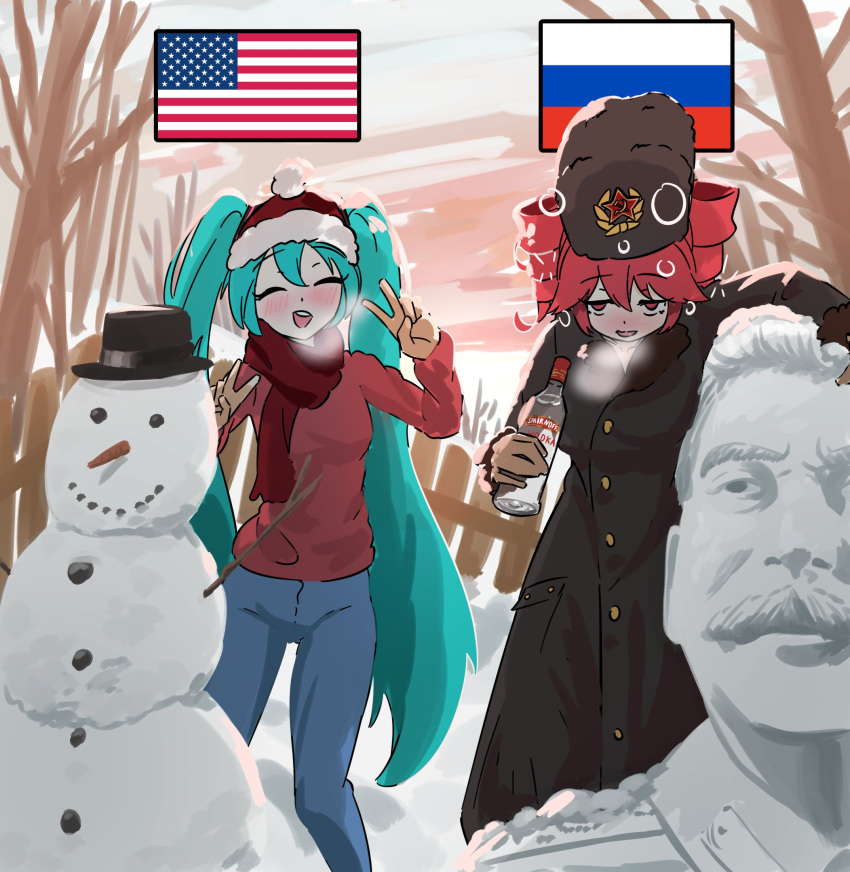 2girls, ^_^, alcohol, american_flag, aqua_hair, black_coat, blush, bottle