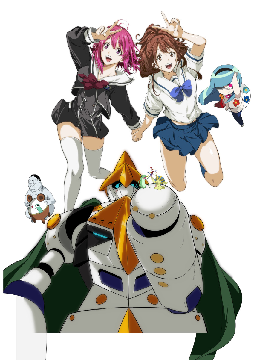 1other, 2girls, :d, absurdres, bibi_(coffe), black_dress, blue_bow, blue_skirt