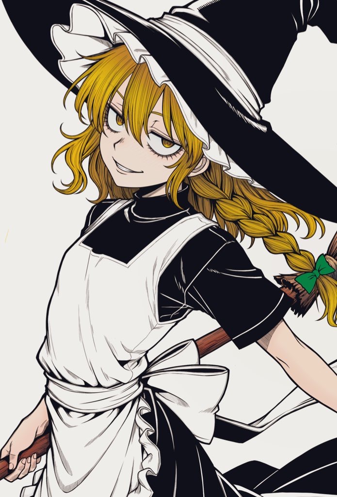 1girl, apron, black_dress, blonde_hair, braid, broom, dress, frilled_apron, frilled_hat, frills, grin, hat, kirisame_marisa, looking_at_viewer, open_mouth, ryoan_(voyagehermitage), short_sleeves, smile, solo, standing, teeth, touhou, white_background, witch_hat, yellow_eyes