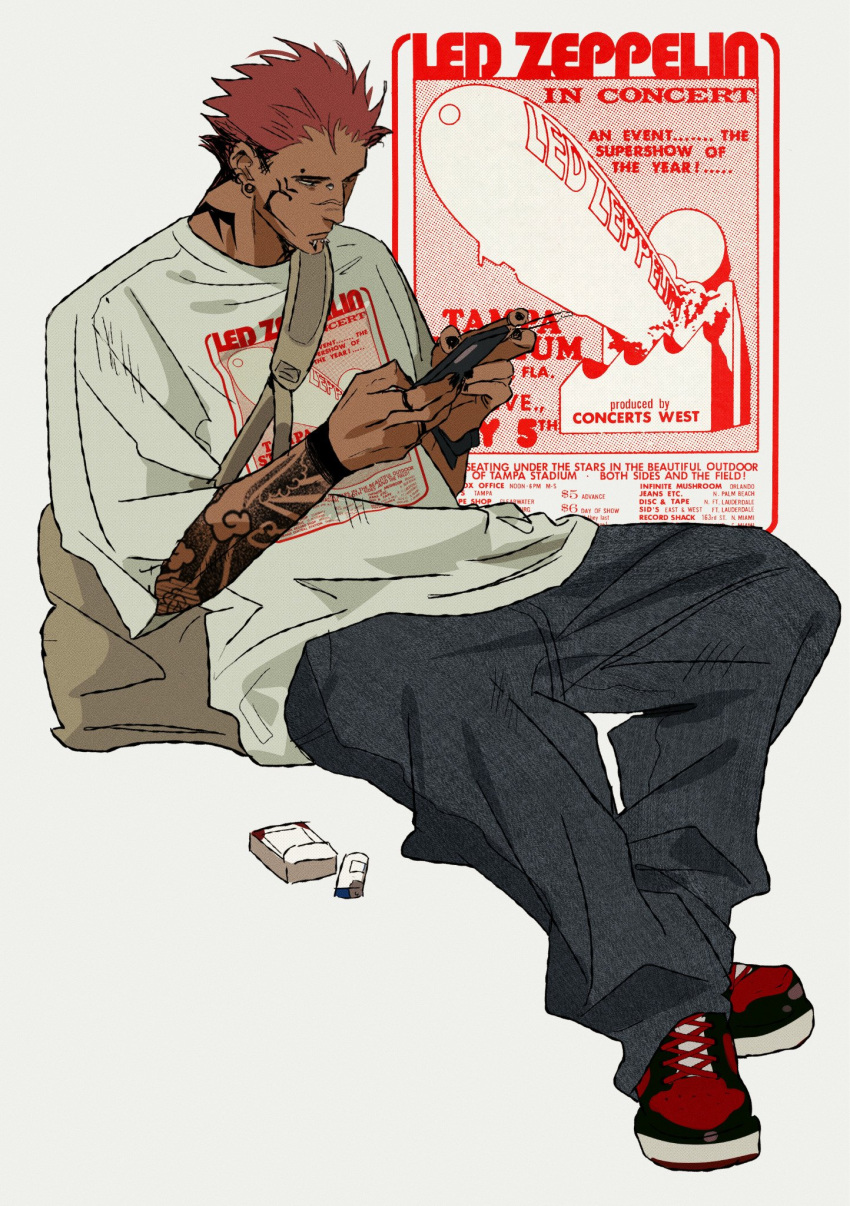 1boy, air_jordan, alternate_skin_color, alternate_tattoo, arm_tattoo, bag, baggy_pants, band_poster