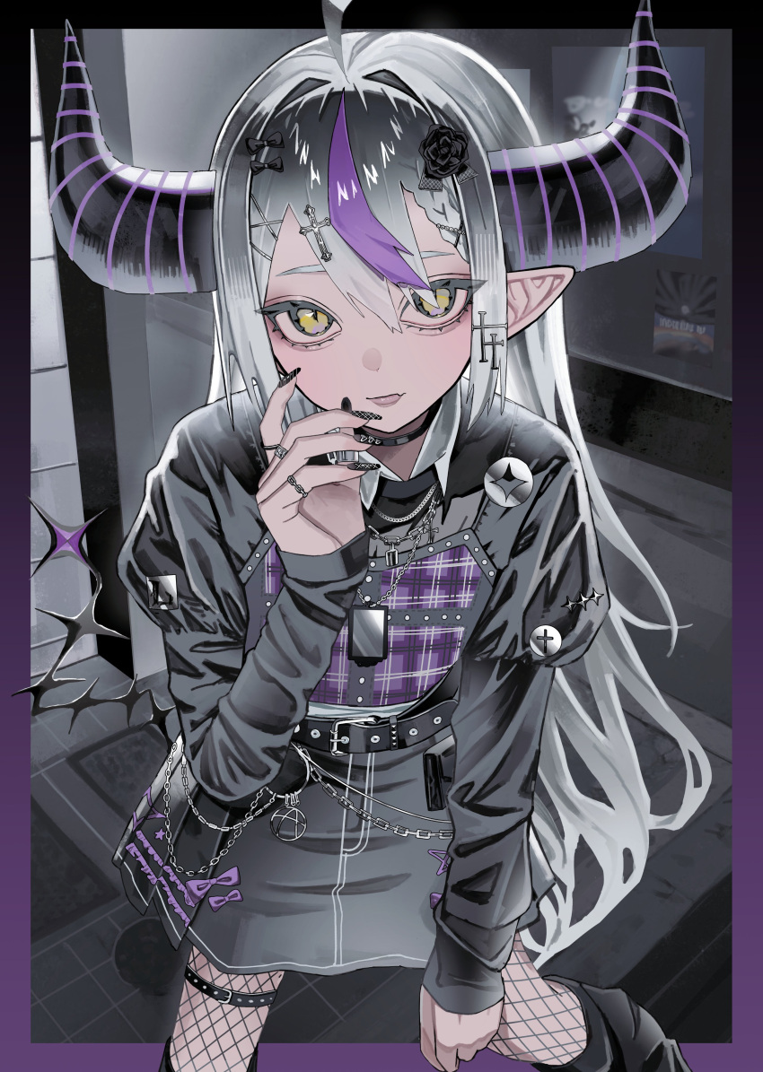 absurdres, ahoge, fishnets, goth_fashion, grey_hair, highres, hololive, horns