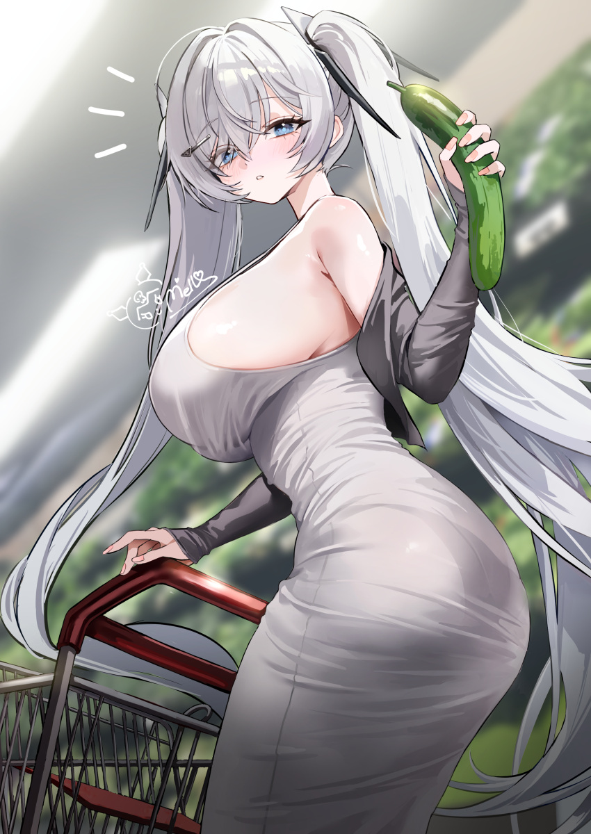 1girl, absurdres, alternate_costume, ass, blue_eyes, blurry, blurry_background, breasts