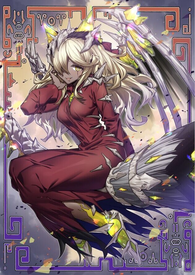 1girl, blonde_hair, border, breasts, broom, broom_riding, circlekos, crystal, crystal_wings, curly_hair, dress, duel_monster, hair_over_one_eye, hand_on_own_cheek, hand_on_own_face, high_collar, horns, large_breasts, long_hair, long_sleeves, looking_at_viewer, mementotlan_angwitch, multicolored_wings, ornate_border, red_dress, sitting, skeletal_wings, solo, wings, yellow_eyes, yu-gi-oh!