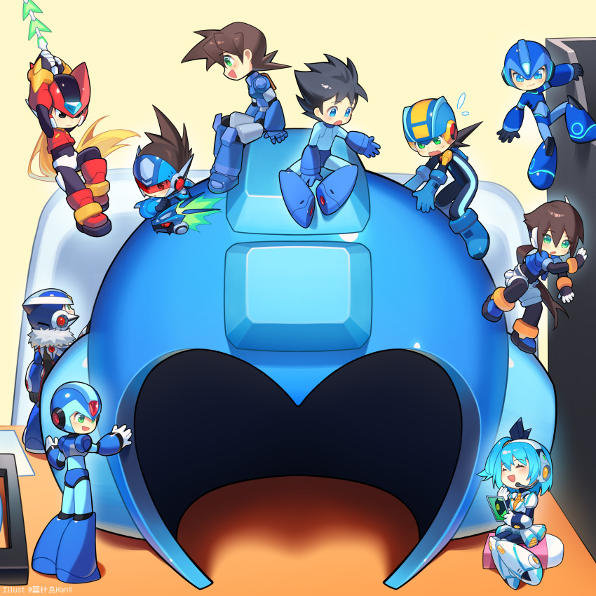 2girls, 6+boys, absurdres, aile_(mega_man_zx), armor, black_bodysuit, black_hair, blue_armor
