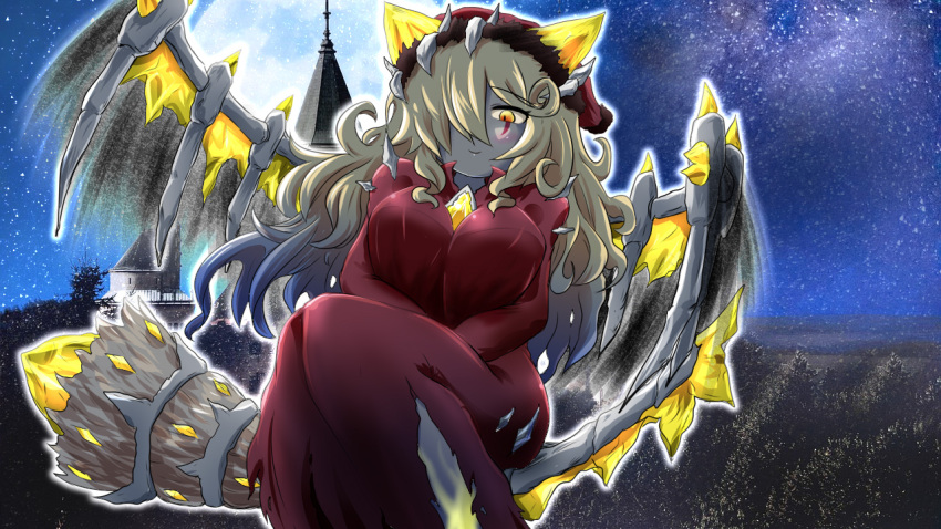 1girl, blonde_hair, blush, breasts, broom, broom_riding, building, chest_jewel, colored_skin, crystal, crystal_wings, curly_hair, duel_monster, grey_skin, hair_ornament, hair_over_one_eye, horns, jjpop2b, light_smile, long_hair, long_sleeves, mementotlan_angwitch, moon, night, night_sky, outdoors, outline, red_skirt, silhouette, sitting, skeletal_wings, skirt, sky, smile, star_(sky), starry_sky, tree, white_outline, wings, witch, yellow_eyes, yu-gi-oh!