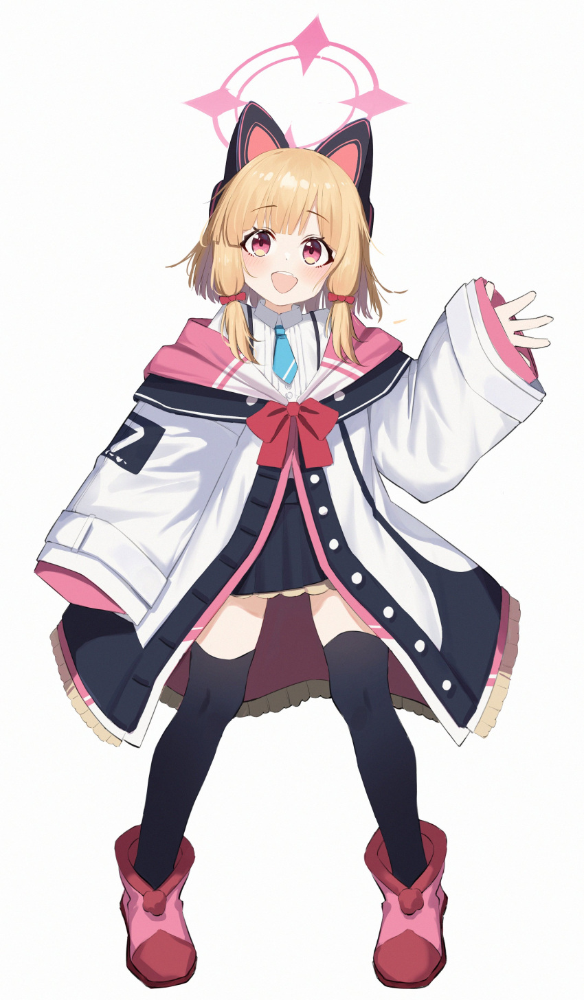 1girl, :d, absurdres, animal_ear_headphones, animal_ears, black_jacket, black_skirt, black_thighhighs