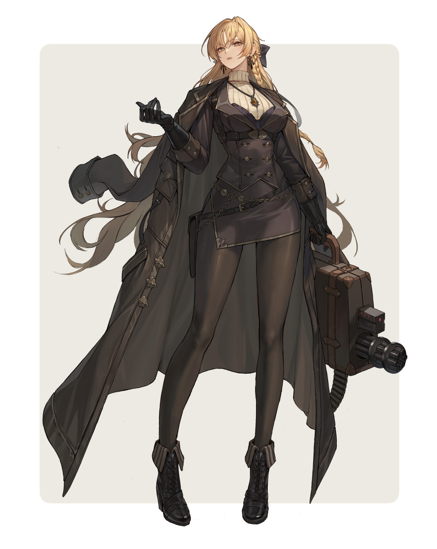 1girl, absurdres, asymmetrical_skirt, belt, belt_pouch, black_boots, black_coat, black_gloves, black_jacket, black_pantyhose, black_skirt, blonde_hair, boots, braid, breasts, chain, coat, coat_on_shoulders, dpin_(user_adhr8855), earrings, from_below, full_body, gem, gloves, grey_trim, gun, hair_ribbon, hand_up, high_heel_boots, high_heels, highres, holding, holding_suitcase, jacket, jewelry, lapels, light_blush, long_hair, looking_at_viewer, machine_gun, medium_breasts, mole, mole_under_eye, multiple_belts, orange_gem, original, outside_border, pantyhose, parted_lips, peaked_lapels, pendant, pouch, ribbon, sidelocks, simple_background, skirt, solo, standing, suitcase, sweater, turtleneck, turtleneck_sweater, very_long_hair, weapon, yellow_eyes