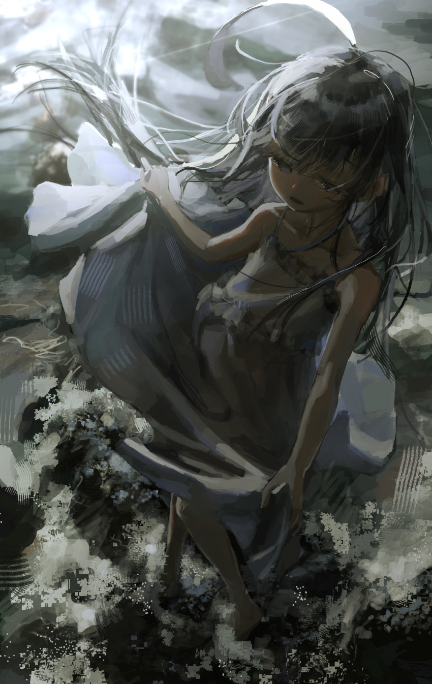 1girl, absurdres, ahoge, bare_shoulders, blue_eyes, blurry, blurry_background, child, dress_straps, flat_chest, floating_hair, frills, from_above, full_body, grey_hair, grey_theme, high-waist_skirt, highres, huge_ahoge, light_blush, limited_palette, long_hair, ocean, original, parted_lips, petite, skirt, skirt_hold, sleeveless, soaking_feet, utsusemi_1024, very_long_hair