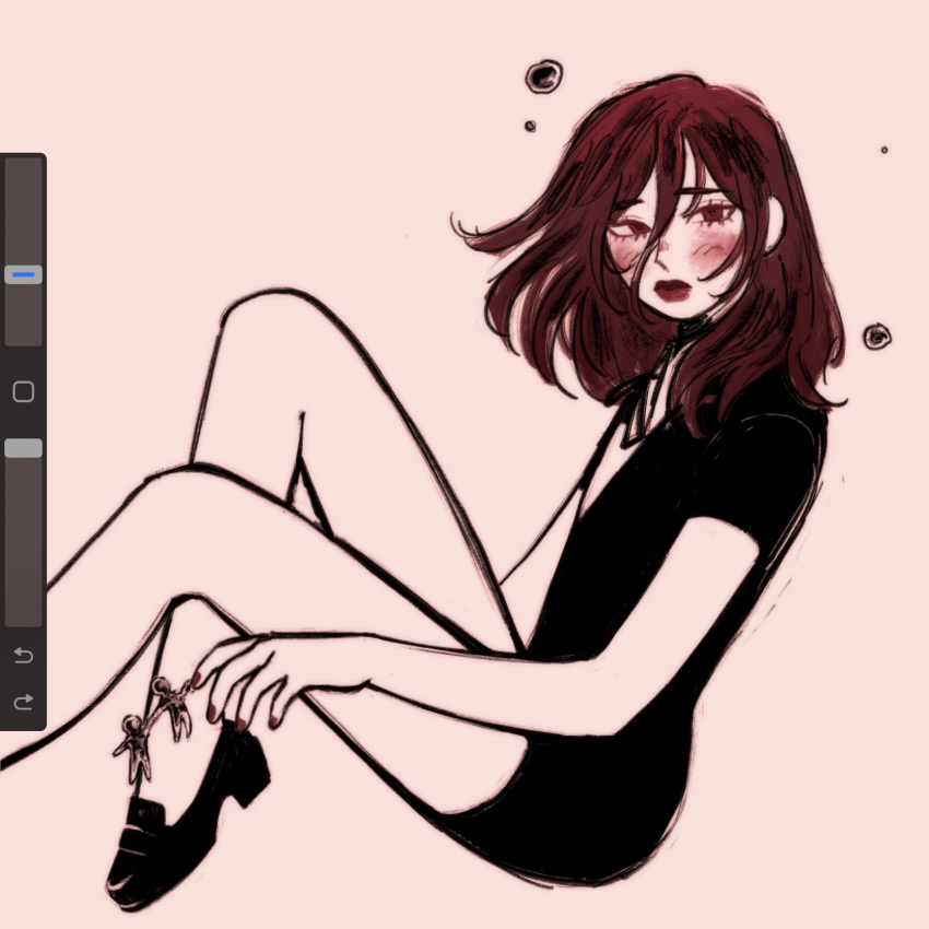 1other, alternate_costume, androgynous, art_program_in_frame, black_ribbon, black_shirt, black_shoes, black_shorts, blush, cinnabar_(houseki_no_kuni), closed_mouth, collared_shirt, colored_eyelashes, colored_skin, commentary, diinnple, english_commentary, feet_out_of_frame, floating, floating_hair, from_side, gem_uniform_(houseki_no_kuni), hair_between_eyes, highres, houseki_no_kuni, knees_up, levitation, loafers, long_bangs, long_hair, looking_ahead, mercury_(element), neck_ribbon, other_focus, procreate_(medium), red_eyes, red_hair, red_lips, red_nails, ribbon, sad, shirt, shoes, short_sleeves, shorts, simple_background, sketch, thick_lips, white_background, white_shirt, white_skin