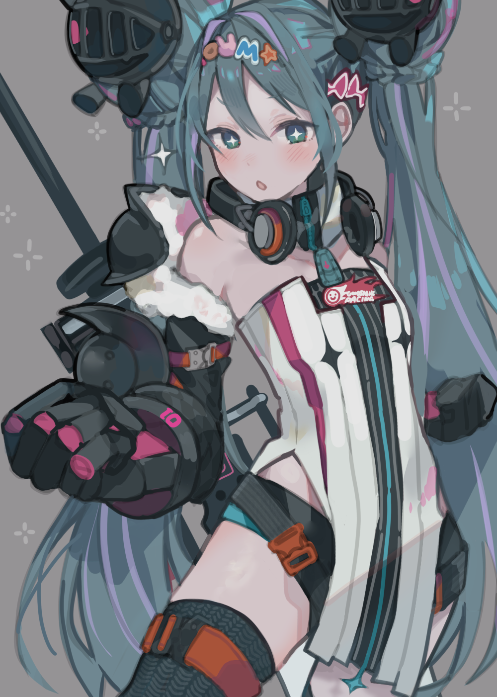 +_+, 1girl, aqua_eyes, aqua_hair, bare_shoulders, black_gloves, black_shorts, blush
