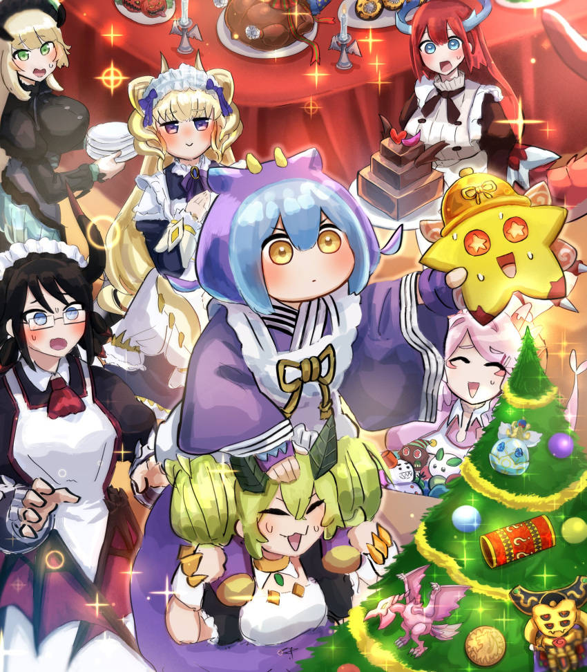 6+girls, absurdres, apron, black_hair, black_tail, black_wings, blonde_hair, blue_eyes