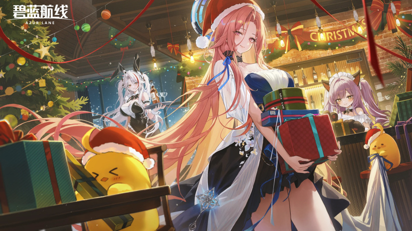 3girls, alcohol, azur_lane, beer, beer_bottle, blush, chinese_commentary, christmas