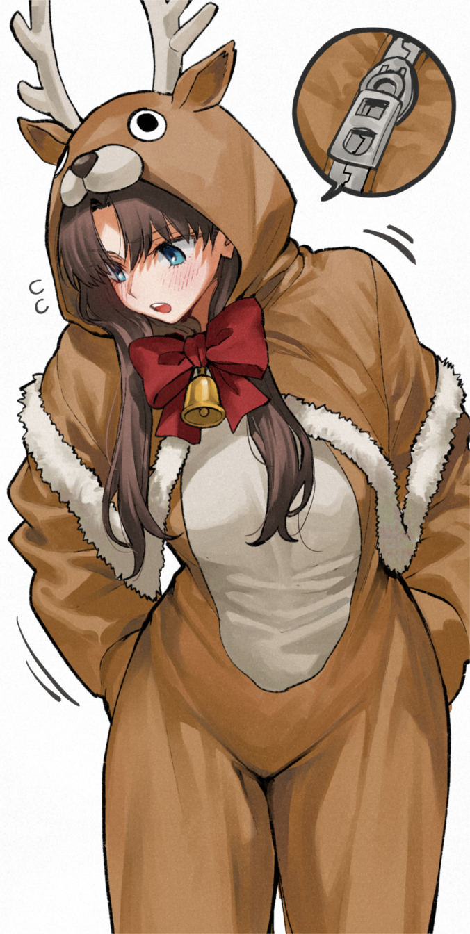 1girl, :o, animal_costume, bell, blue_eyes, bow, brown_hair, fate_(series)