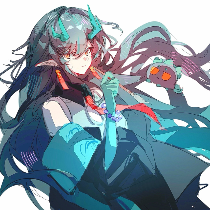 1girl, arknights, beads, black_hair, black_jacket, blue_jacket, closed_mouth, colored_extremities, dragon_bubble_(arknights), dragon_girl, dragon_horns, dusk_(arknights), earrings, floating_hair, hair_between_eyes, highres, holding, holding_paintbrush, horns, jacket, jewelry, long_hair, looking_at_viewer, nan0320298, necktie, orange_eyes, paintbrush, pointy_ears, red_necktie, simple_background, solo, upper_body, white_background