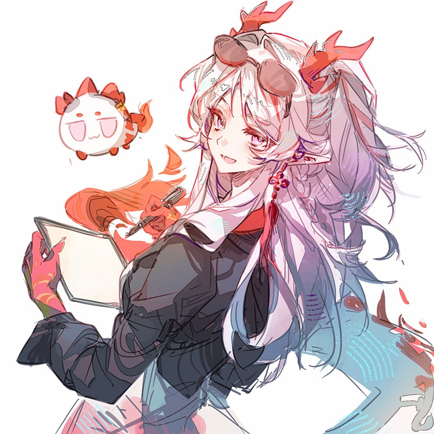 1girl, :d, arknights, black_jacket, clipboard, colored_extremities, dragon_bubble_(arknights), dragon_girl, dragon_horns, earrings, eyewear_on_head, fang, highres, holding, holding_clipboard, holding_pen, horns, jacket, jewelry, long_hair, long_sleeves, looking_at_viewer, nan0320298, nian_(arknights), nian_(thunderbolt_director)_(arknights), official_alternate_costume, open_mouth, pen, pink_eyes, pointy_ears, simple_background, sketch, smile, solo, white_background, white_hair