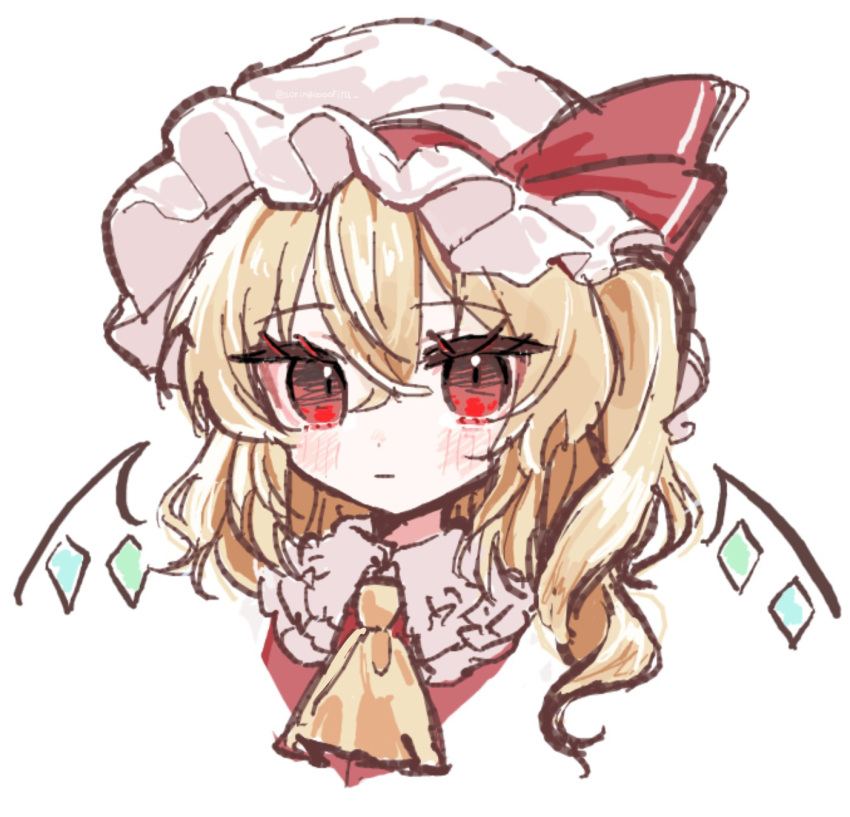1girl, aorin_oekaki, ascot, blonde_hair, blush, closed_mouth, commentary_request, crystal