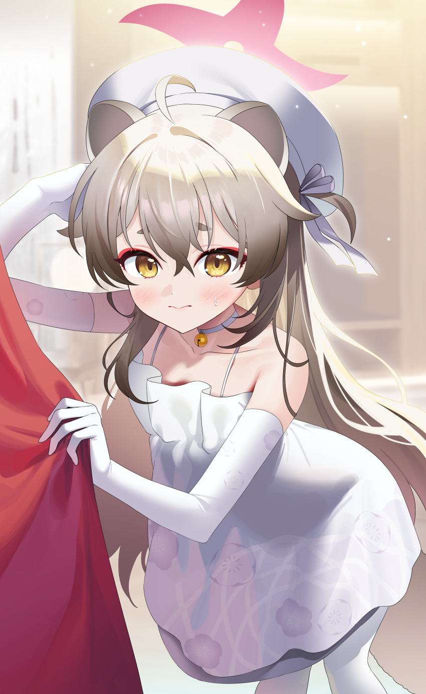 1girl, absurdres, ahoge, animal_ears, bell, blue_archive, blush, choker