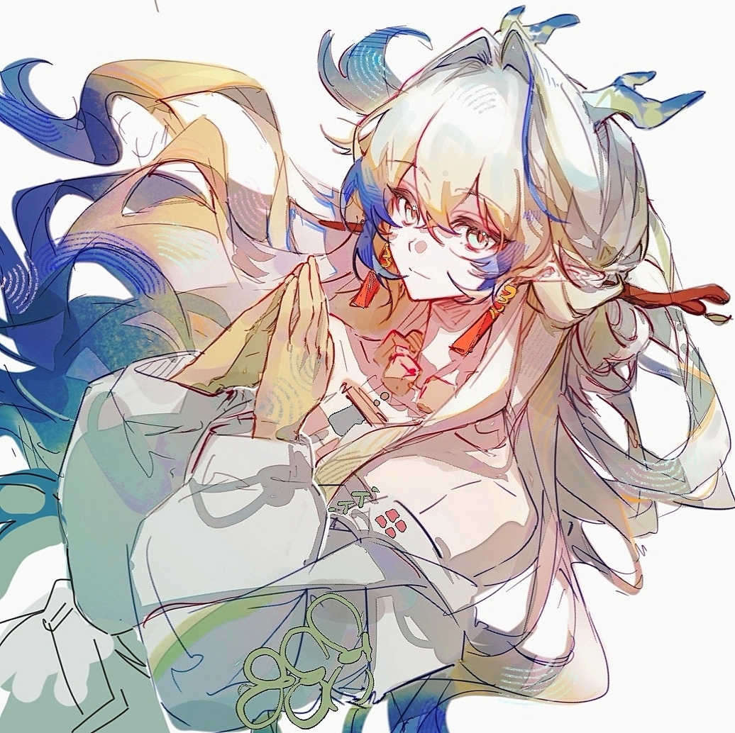 1girl, arknights, bare_shoulders, blonde_hair, blue_hair, closed_mouth, colored_extremities, crossed_bangs