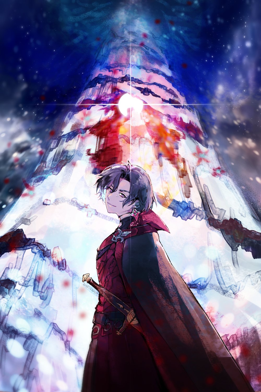 1boy, armor, black_cape, black_hair, cape, constantine_xi_(fate), constantine_xi_(second_ascension)_(fate), demon_pillar_(fate), earrings, fate/grand_order, fate_(series), highres, jewelry, looking_at_viewer, red_armor, sheath, sheathed, solo, sword, umu_(um), weapon, yellow_eyes