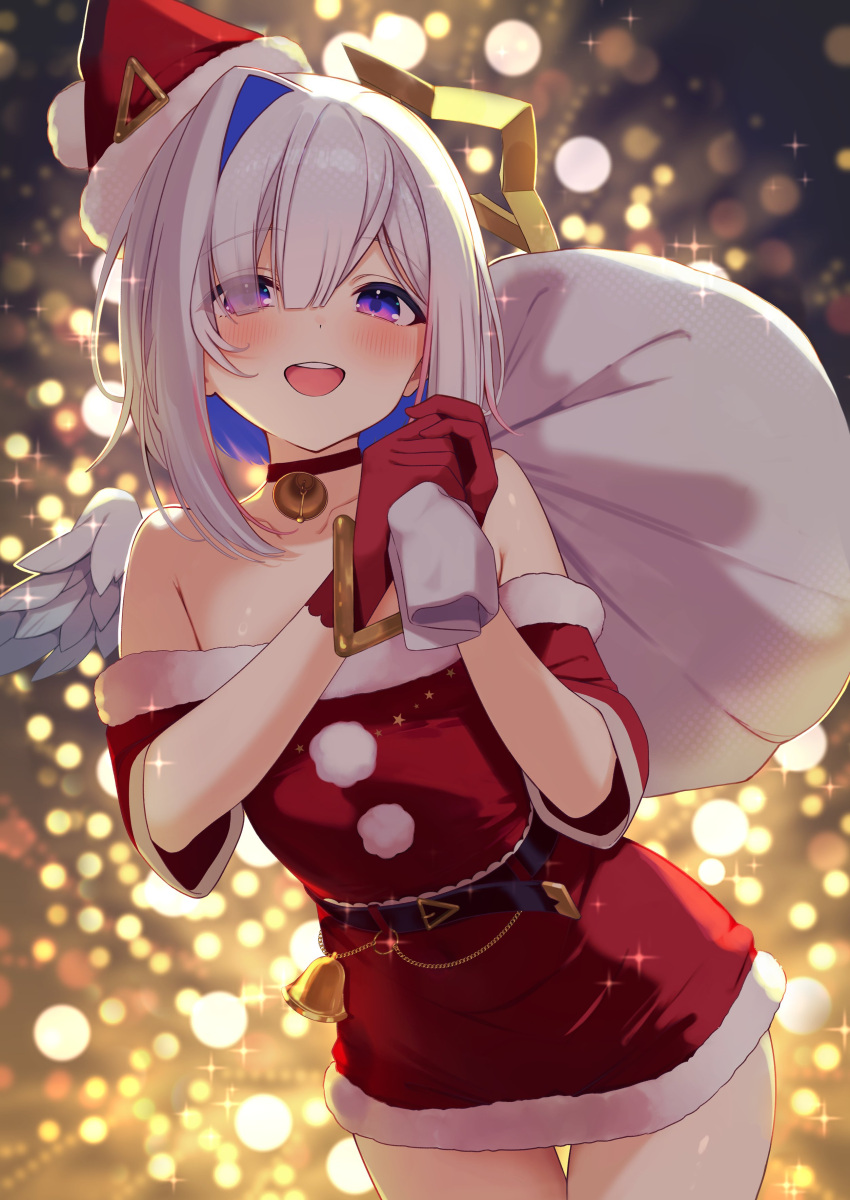1girl, :d, absurdres, amane_kanata, angel_wings, bare_shoulders, bell, belt